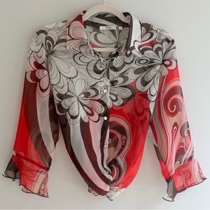 Nikola Red & Brown Paisley Sheer Button Up Polyester Shirt Small